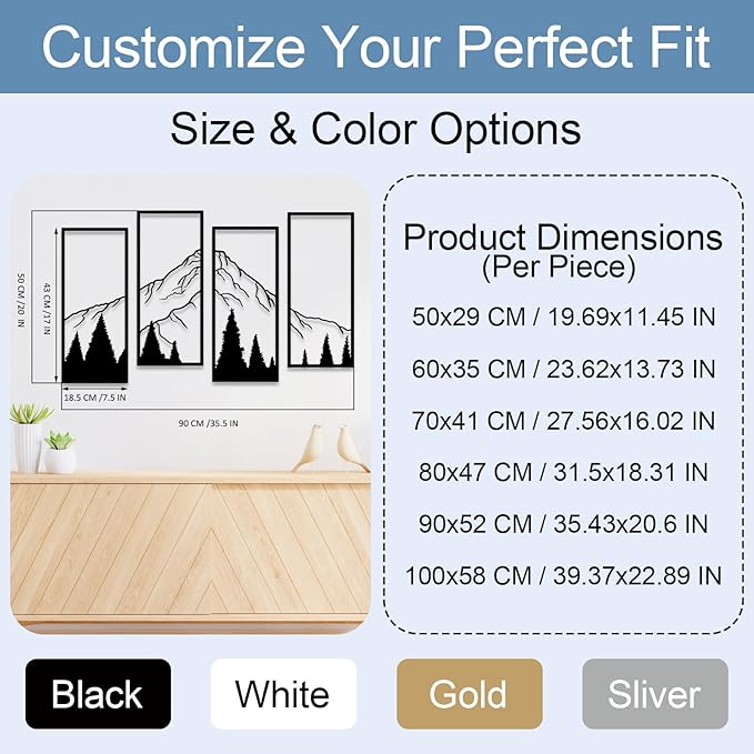 ruelen 4 Pcs Metal Mountain and Forest Wall Decor Line Drawing Wall Art Abstract Minimalist Wall Art Rustic Nature Wall Decor for Home Office Kitchen Bathroom Living Room(Black, large)