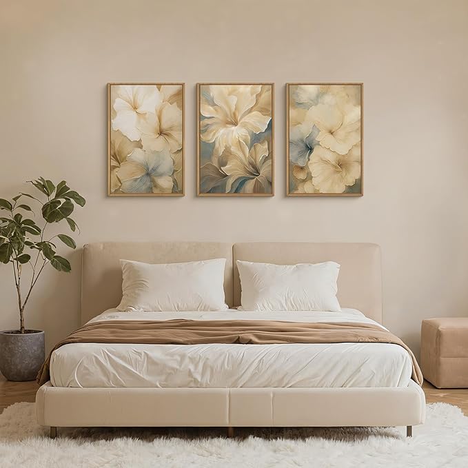 KAIRNE Neutral Floral Wall Art Set of 3, Modern Abstract Flower Prints with Soft Beige & Grey Tones, Boho Botanical Artwork for Living Room Bedroom Office, Minimalist Aesthetic Home Decor 16×24inch