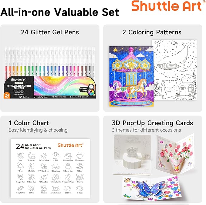 Shuttle Art Glitter Gel Pens, 24 Vibrant Sparkle Retractable Glitter Colored Gel Pens Set 1.0mm Bold Point Smooth Writing for Adults Coloring Books Drawing Doodling Scrapbooking Journaling