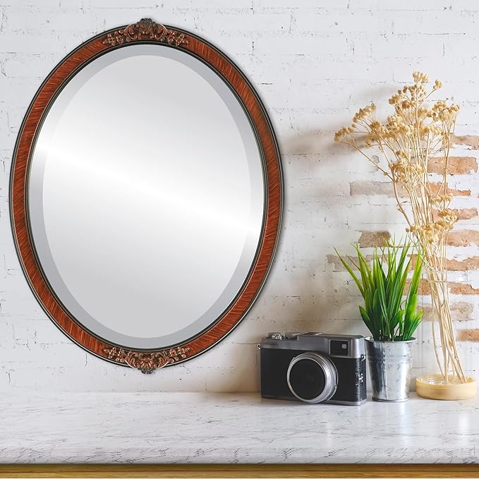 OVALCREST Oval Beveled Wall Mirror for Home Decor - Athena Style - Vintage Walnut - 18" x 14" Outside Dimensions
