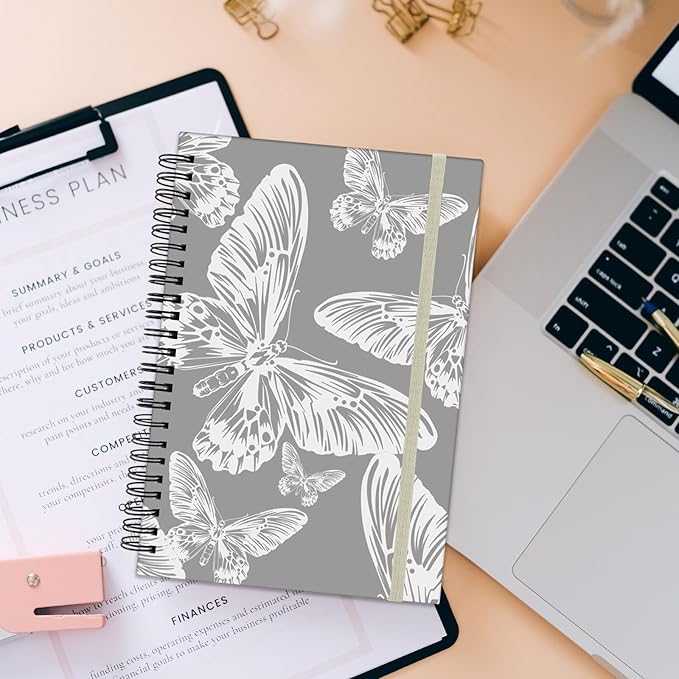 Spiral Notebook,Hardcover Journal Wide Ruled Spiral Notebook,A5 5.5 x 8.3 Inch,80GSM Thick Paper 60 Sheets 120 Pages for Girls Women School Office Aesthetic Cute-Gray White Butterfly