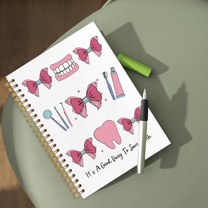 WUCHJ Dentist Gifts Notebook, Dental Hygienist Assistant Gifts Journal, Coquette Pink Bow Dental Spiral Notebook Journal for Note Taking, Dentist Office Supplies, 5.5x8.3 Inch