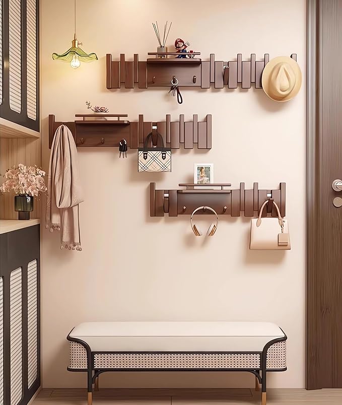 Wall Mounted Coat RackHooks Piano Key Hangers Natural Solid Wood Hanger Non-Woven Fabric Clothes Hangers for Closet, Kitchen, Bedroom, Bathroom, Entryway (Innovate-Walnut, 10 Hooks)