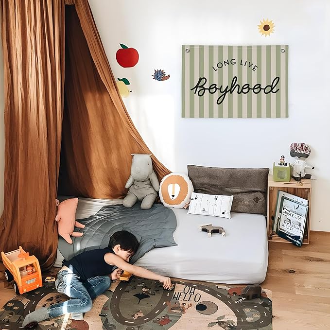 Long Live Boyhood Linen Banner Hanging Vintage Sage Green Stripes Flag Banner for Nursery Playroom Wall Decor for Kids Bedroom Living Room Dorm Toddler Decorations Trendy Room 30x20 boyroom
