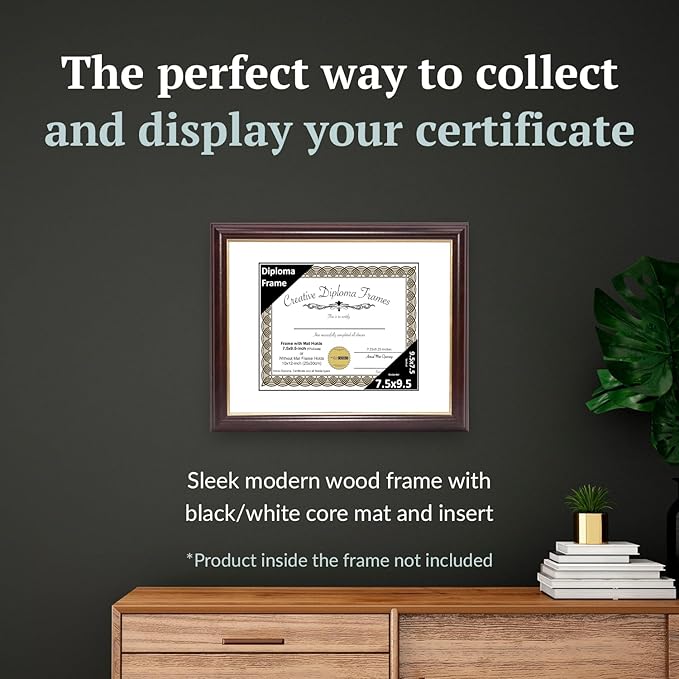 Creative Picture Frames 7.5x9.5 Mahogany Gold Rim Diploma Frame with White Mat Glass Easel and Installed Wall Hangers | Frame Holds 10x12 Media without Mat