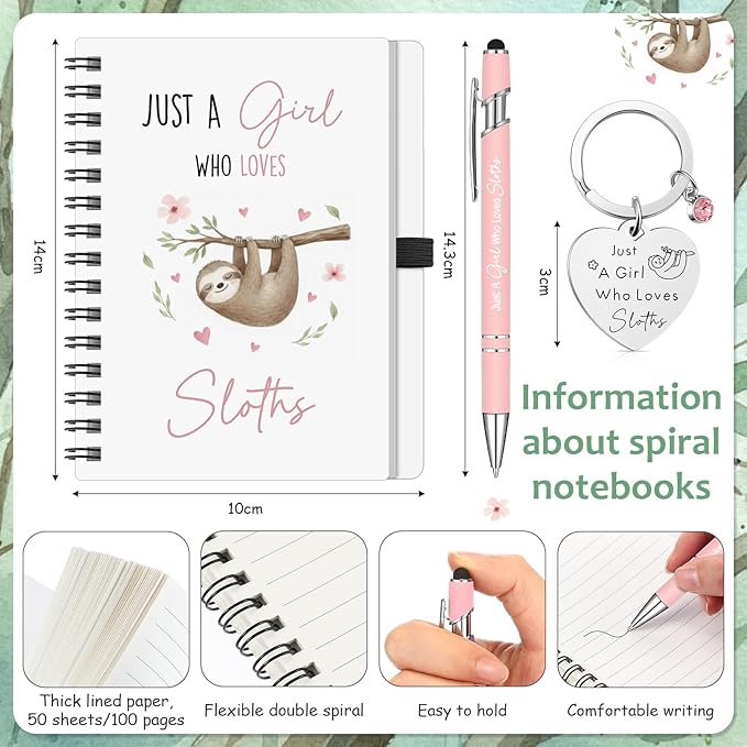 Ceenna 5 Pcs Sloth Gifts for Women, Just a Girl Who Loves Sloth Cosmetic Makeup Bag, Canvas Bag, A6 Spiral Notebook Lined Journal, Writing Gel Ink Pen and Funny Keychain for Girl Animal Lovers Gift