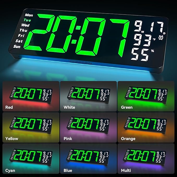 Digital Wall Clock Large Display, 17.3" Digital Clock with RGB Color Remote Control, Auto-Dimming Big Wall Clock with Night Light,Auto DST,Date Week,Temp for Home Decoration, for Elderly (Green)
