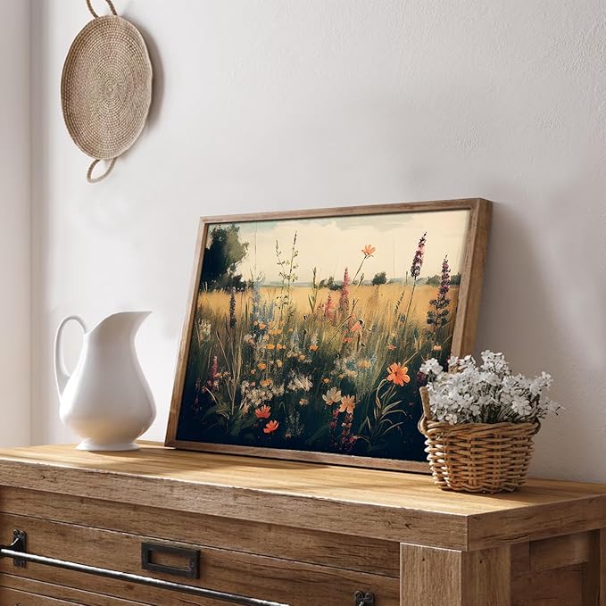 Vintage Wall Art, Classical Wildflower Field Wall Painting Canvas Prints Farmhouse Wall Art French Country Wall Decor Vintage Landscape Art Pictures for Bathroom Kitchen Decor(8" x 10"-UNFRAMED)