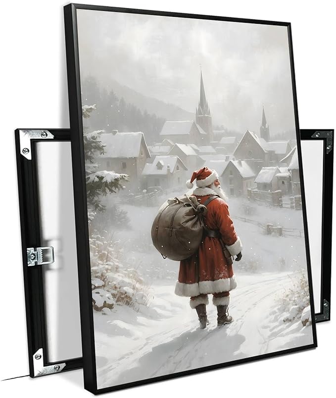 Framed Canvas Wall Art Vintage Santa Claus Wall Art Farmhouse Christmas Print Festive Holiday Home Decor Santa Claus Painting 20x30in Metal blackFramed