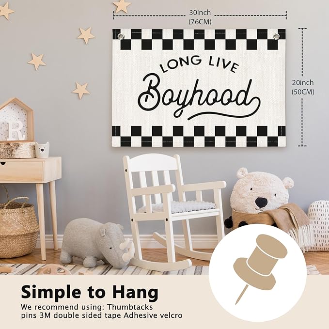 Long Live Boyhood Black and White Checkered Boys Room Decor - Linen Banner Wall Hanging Canvas Banner Flag Decor for Toddler Boy Bedroom Nursery Playroom