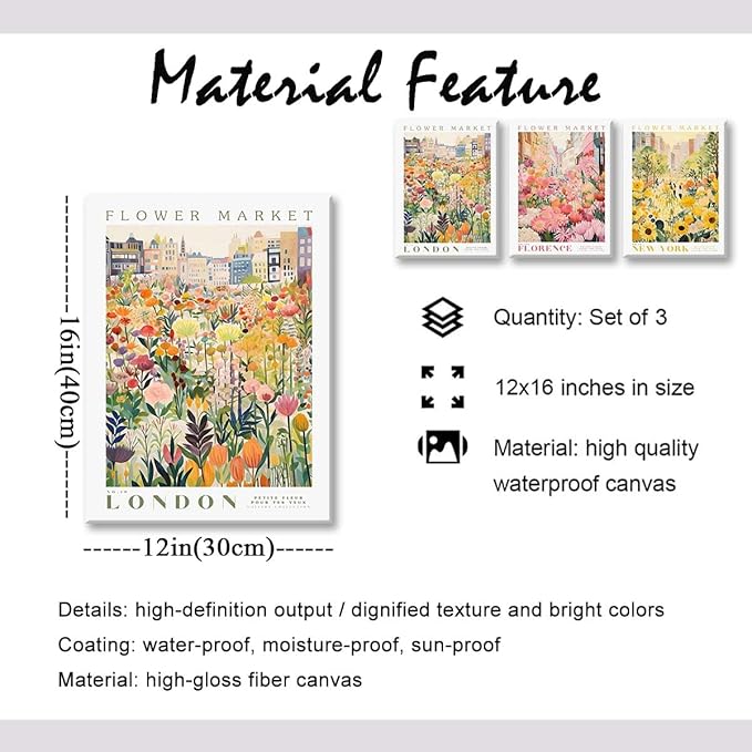 XLARTMY Flower Market Wall Art Print Canvas Framed Yellow Pink Floral Paintings Colorful Botanical Sunflower Artwork Travel Poster for Decor Picture 3 pieces for Living Room Bedroom Bathroom 12x16in