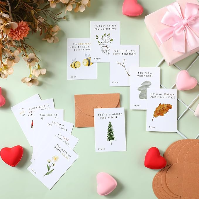 Tinlade 24 Pack Cute Valentines Mini Nature Pun Cards 6 x 8.5 cm with Envelopes for Kids Classroom Exchange Gifts Motivational Funny Woodland Tree Puns Cards 12 Styles Valentines Love Card for Student