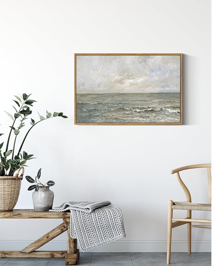 VIYYIEA Ocean Large Large Framed Wall Art, Seascape Vintage Art Decor Room Aesthetic, 16X24 Inch Canvas Print Artwork, Calming Landscape Painting Wall Decor for Bedroom Bathroom Office