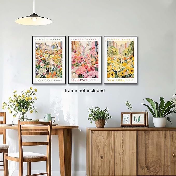 XLARTMY Flower Market Wall Art Print Canvas Yellow Pink Floral Paintings Colorful Botanical Sunflower Artwork Travel Poster for Decor Picture 3 pieces for Living Room Bedroom Bathroom 16x24in Unframed