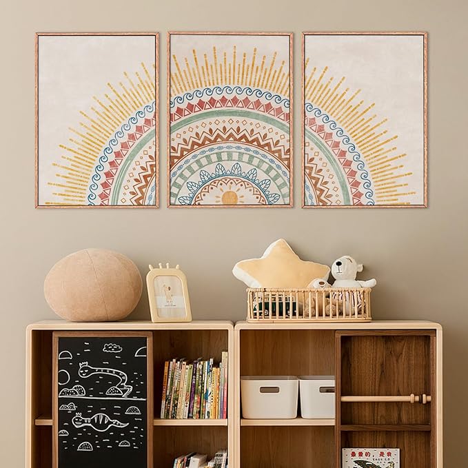 HPINUB Boho Sun Framed Canvas Wall Art Set, Mid-Century Modern Wall Decor, Minimalism Bohemian Wall Painting, Abstract Geometric Pattern Art Print for Living Room, Bedroom, Office - 16"x24"x3