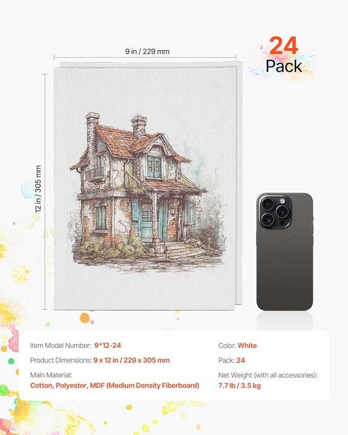 VEVOR Canvas Boards for Painting, 9 x 12 Inch White Canvases for Painting, 24 Pack Painting Canvas Panels for Sketching, Acrylic and Oil Painting, Watercolor, Paint Canvas for Kids and Professionals