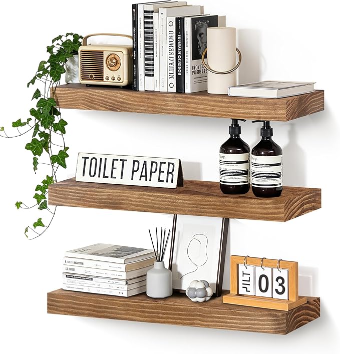 Floating Wall Shelves 24x6.8x1.7 Inch – Solid Wood Rustic Shelves in Dark Oak Finish – Wall Mounted Display Shelf for Bathroom, Kitchen, Bedroom – Set of 3