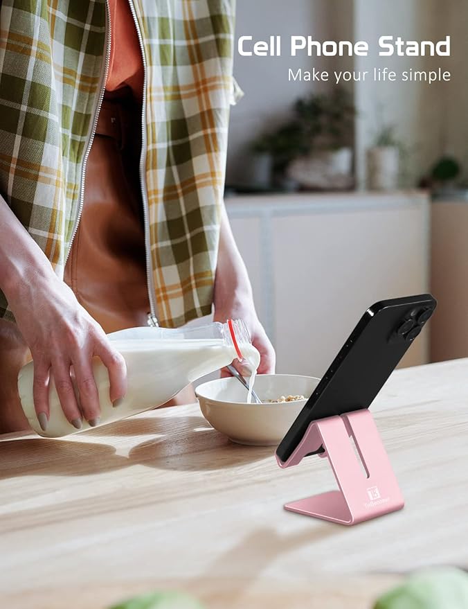 Phone Stand, Aluminum Phone Holder for iPhone 16 15 14 13 12 11 X 8 7 6 Plus 5, Samsung, Huawei, Suitable for All Smartphones, Adding a Touch of Style to Your Office Decor, Rose Gold