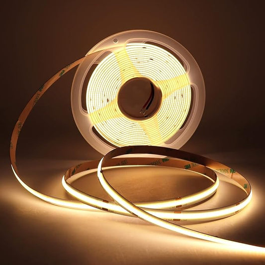 12V Flexible COB LED Strip Light Tape 3000K Warm White Color, 480LEDs/m 16.4FT/5M CRI>90, High Bright Ribbon Light for Christmas House Kitchen Room Ceiling Decor (DC12V, Wihtout Power Supply)
