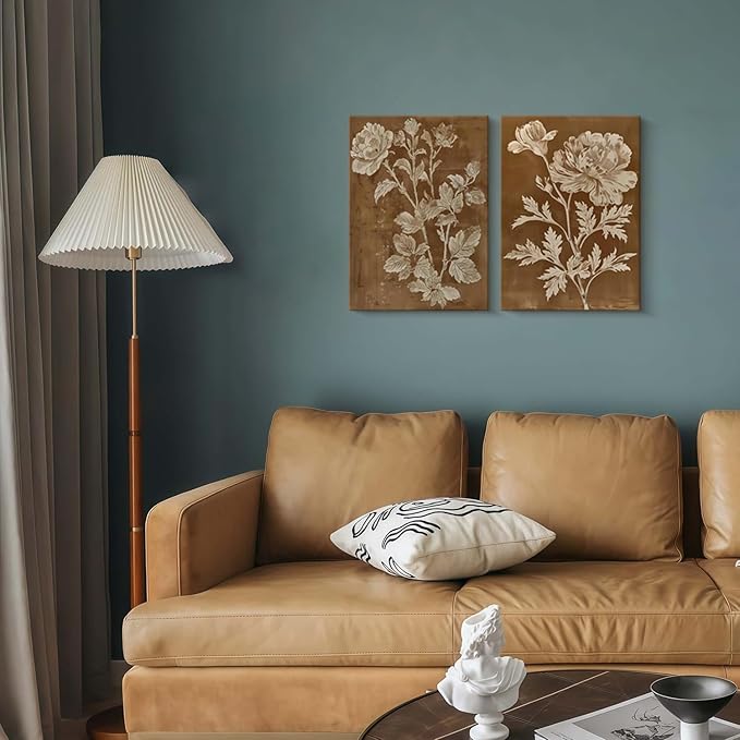2 Pcs Framed Vintage Botanical Floral Wall Art Brown Flowers Wall Decor Antique Plant Pictures Nature Boho Wildflower Poster Print for Living Room Bedroom 16x24 inch Ready to Hang