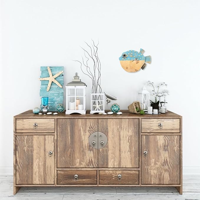 Mint Bucket Brands Driftwood Puffer Fish Nautical Wall Decor - 14.5" x 9" Handmade Wooden Rustic Coastal Wall Art for Living Room, Bedroom, Office, Bathroom - Ocean Beach Decoration (Bubba)