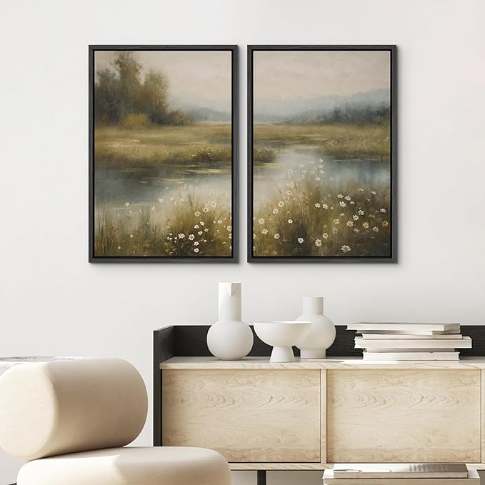 SIGNWIN Framed Canvas Print Wall Art Set Serene Marshland Landscape Rustic Illustration Modern Art Minimalism Decorative for Living Room, Bedroom, Office - 16"x24"x2 Black