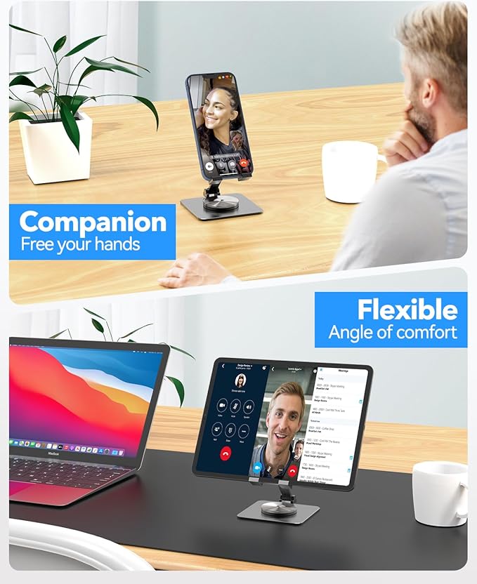 Cell Phone & Tablet Stand for Desk, Aluminum Adjustable Holder for iPhone, iPad & Smartphones || Foldable Mount with 360° Swivel, Stable Base & Portable Design for 4–9.7in Devices, Grey