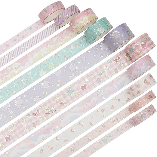 YUBX Creative Washi Tape Set 10 Rolls Gold Foil Print Decorative Masking Tapes for Arts, DIY Crafts, Journals, Planners, Scrapbook, Wrapping (Cute Sweety)