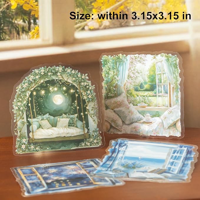 Window Scenery PET Sticker Set, 60Pcs Large Landscape Stickers for Scrapbooking, Journaling, Junk Journal Supplies, and DIY Crafts
