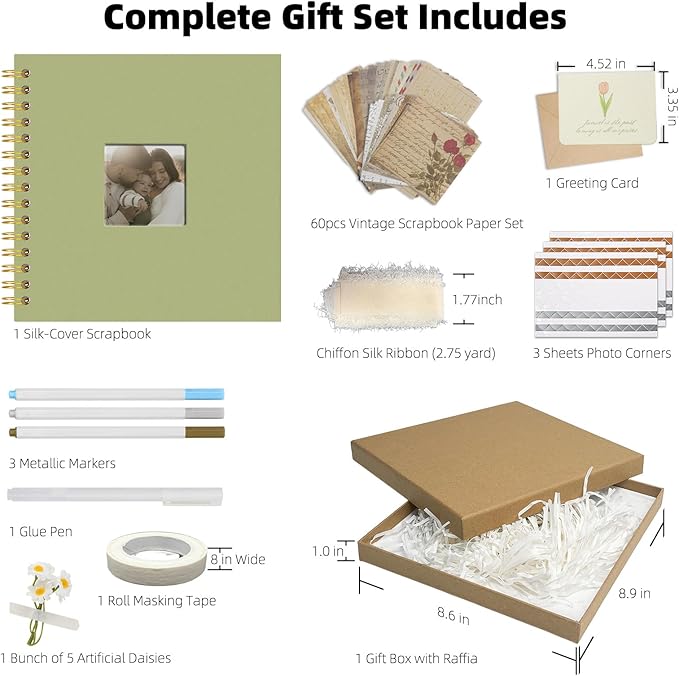 Vienrose 8 x 8 Inch Scrapbook Album Gift Set, Linen Hardcover Photo Book with 40 White Pages, DIY Memory Book Kit with Accessories for Wedding, Baby Shower, Travel, Christmas (LightGreen, 20 Sheets)