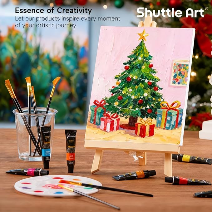 Shuttle Art 87 Pack Acrylic Paint Set, Painting Kit with 3 Pack of 15 Colors Acrylic Paint, 3 Sets of Wooden Easels, Canvas, Brushes & Palettes, Art Painting Supplies Kit for Adults Kids Beginner