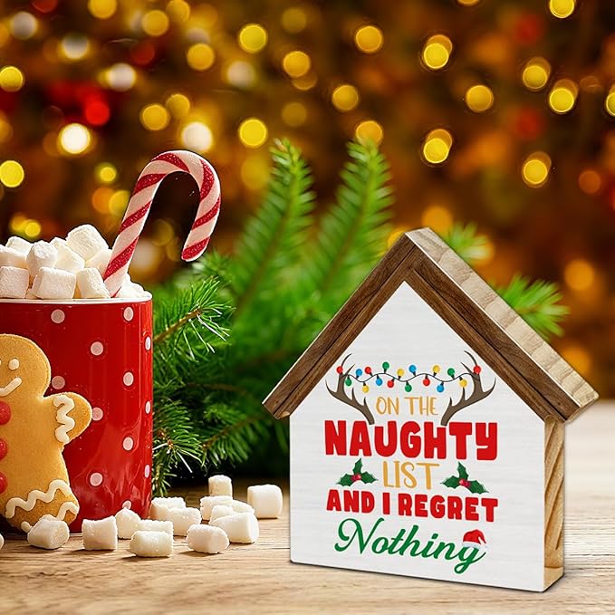 Funny Christmas Decorations, on the Naughty List and I Regret Nothing House Shaped Wooden Sign, Christmas Room Home Office Decor