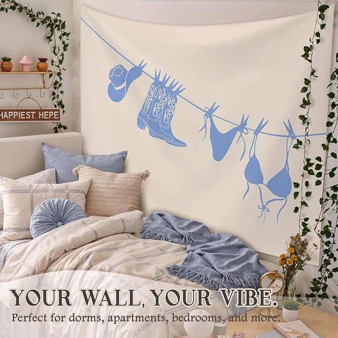 STHTTSW Blue Coastal Cowgirl Tapestry, Western Cowgirl Tapestries Wall Blanket, Preppy Girly Aesthetic Wall Hanging Decor for Teen Girl Women College Dorm Apartment Bedroom, 50x60 Inch