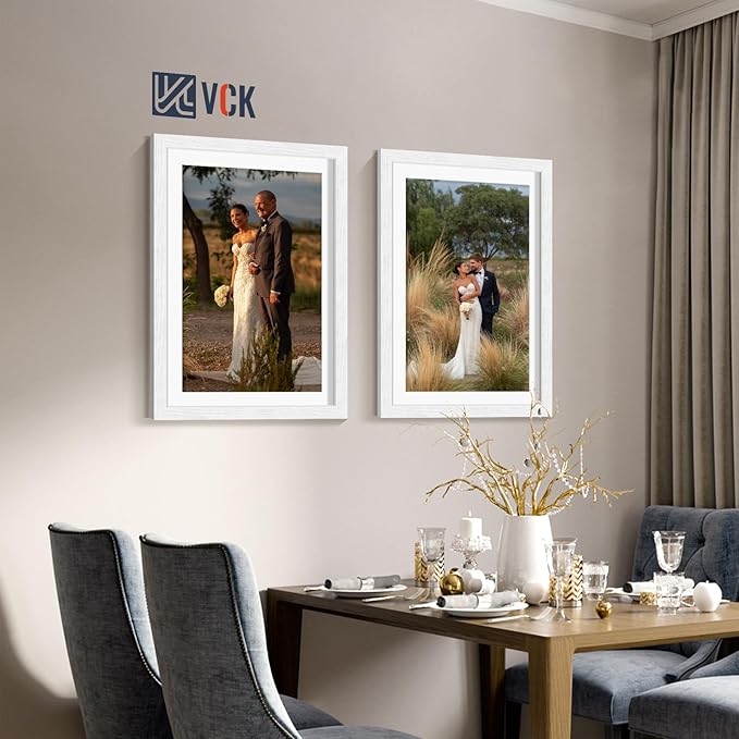 VCK 13x19 Picture Frames White Set of 5, Wide Border Wood, Tempered Glass, Display 11x17 Photo with Mat or 13 x 19 without, for Home, Office, Gallery, Woodgrain Series, Wall Hanging