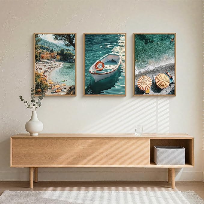 Natural Coastal Ocean Framed Canvas Wall Art Set,Mediterranean Amalfi Blue Green Beach Seascape Decor,Modern Summer Seaside Boat & Umbrella Artwork for Living Room,Bedroom,Farmhouse- 24"x36"x3