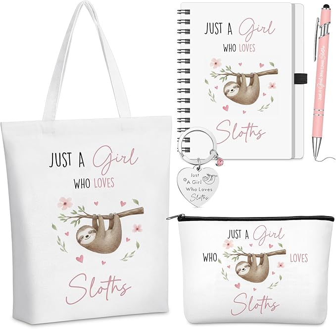 Ceenna 5 Pcs Sloth Gifts for Women, Just a Girl Who Loves Sloth Cosmetic Makeup Bag, Canvas Bag, A6 Spiral Notebook Lined Journal, Writing Gel Ink Pen and Funny Keychain for Girl Animal Lovers Gift