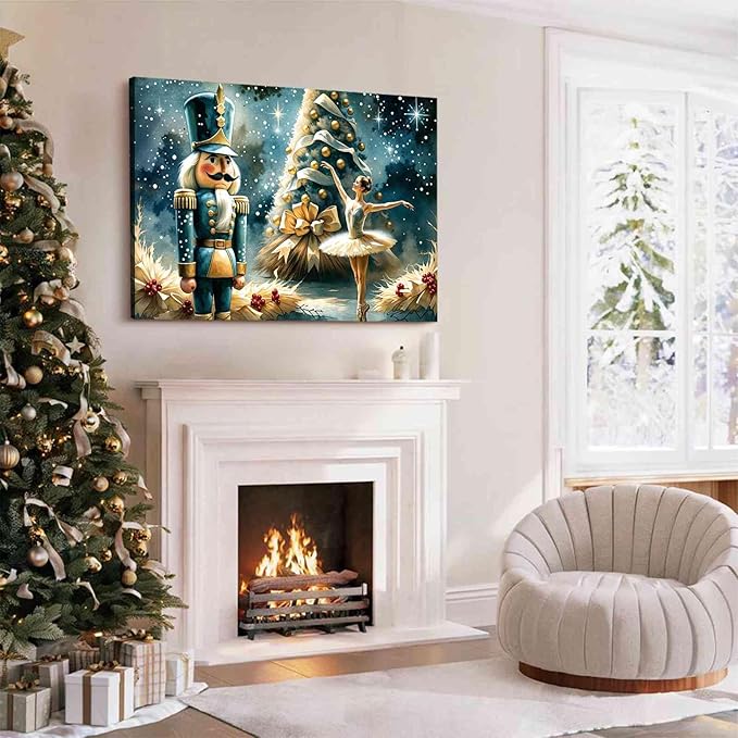Christmas Wall Art Holiday Decor Nutcracker and Ballerina Winter Scene Poster Modern Farmhouse Poster Vintage Oil Painting Print Indoor Decor for Home Living Room Bedroom Christmas Holiday