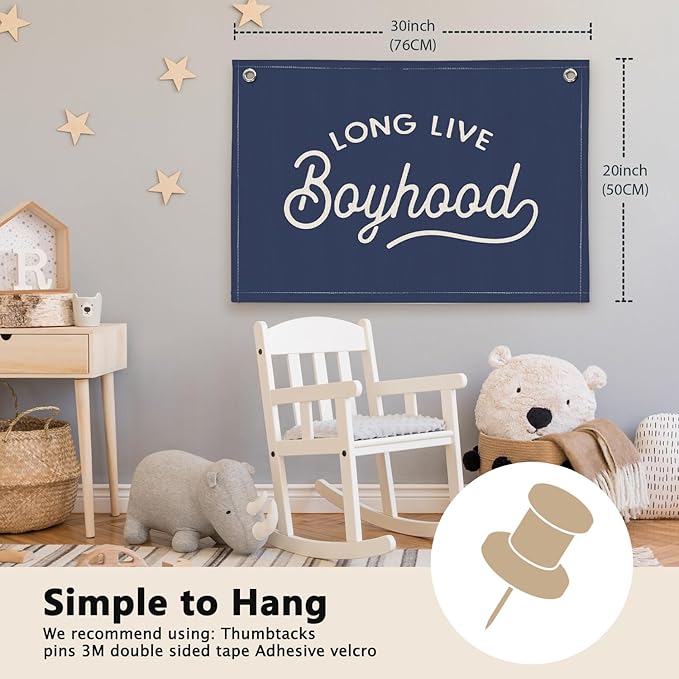 Navy Blue Long Live Boyhood Boys Room Decor - Linen Banner Wall Hanging Canvas Banner Flag Decor for Toddler Boy Bedroom Nursery Playroom