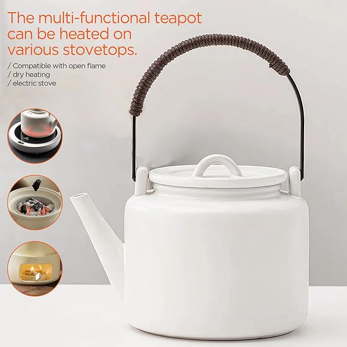 Small Stove Safe Ceramic Teapot with Cold Touch Curved Handle (27oz) - Hand-Glazed Finish - Suitable for Boiling Water and a Variety of Teas and Herbs - Matte Black-White