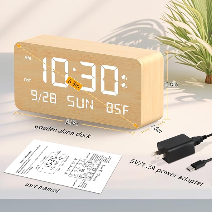 Wooden Digital Alarm Clock for Bedroom -Desk Clock with Date, Day of Week, Temperature, Dual Alarms, Dimmer, USB Port Charge, DST, Adjustable Volume for Living Room/Office Wood Decor (Bamboo)