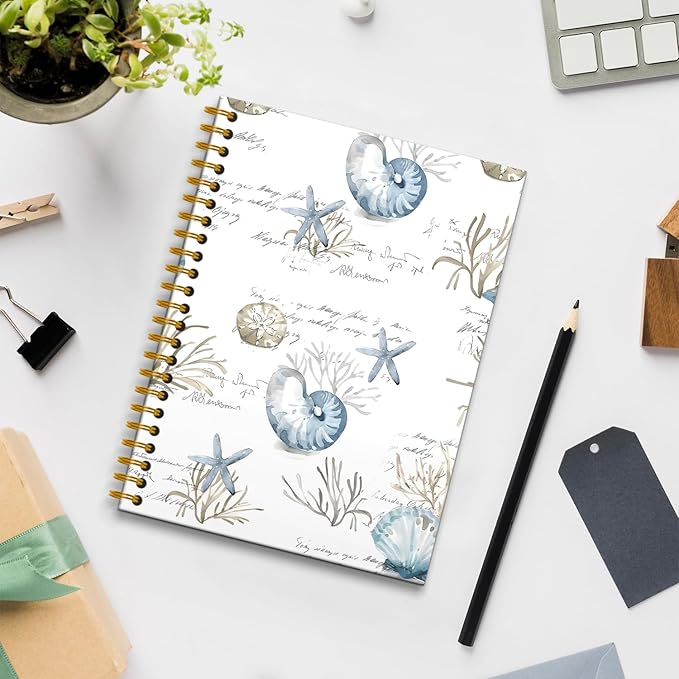 Vintage Beach Ocean Notebook, Seashell Coral Aesthetic Notebook, Ocean Composition Spiral Notebooks, Seashell Gifts, Beach Office Decor, 5.5x8.3 Inch