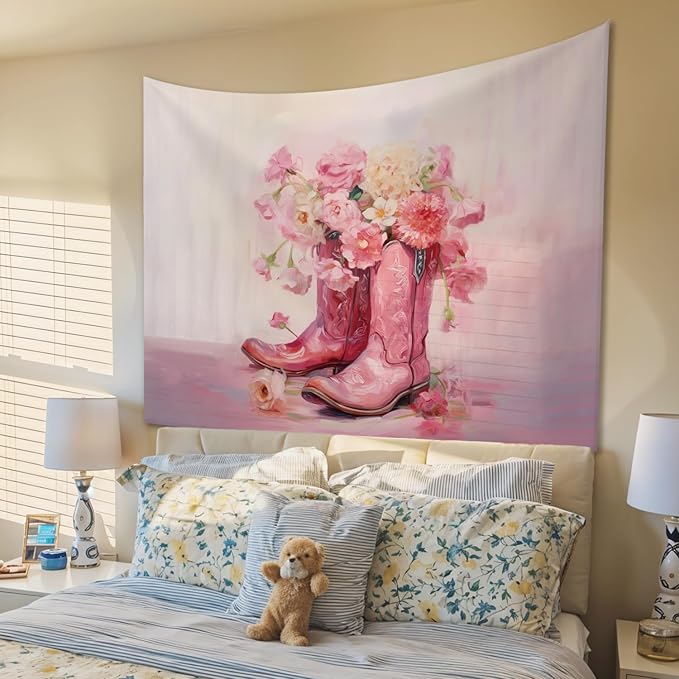STHTTSW Floral Cowgirl Boot Tapestry, Preppy Pink Tapestries Wall Blanket, Girly Aesthetic Wall Hanging Decor for Teen Girl Women College Dorm Apartment Bedroom, 50x60 Inch