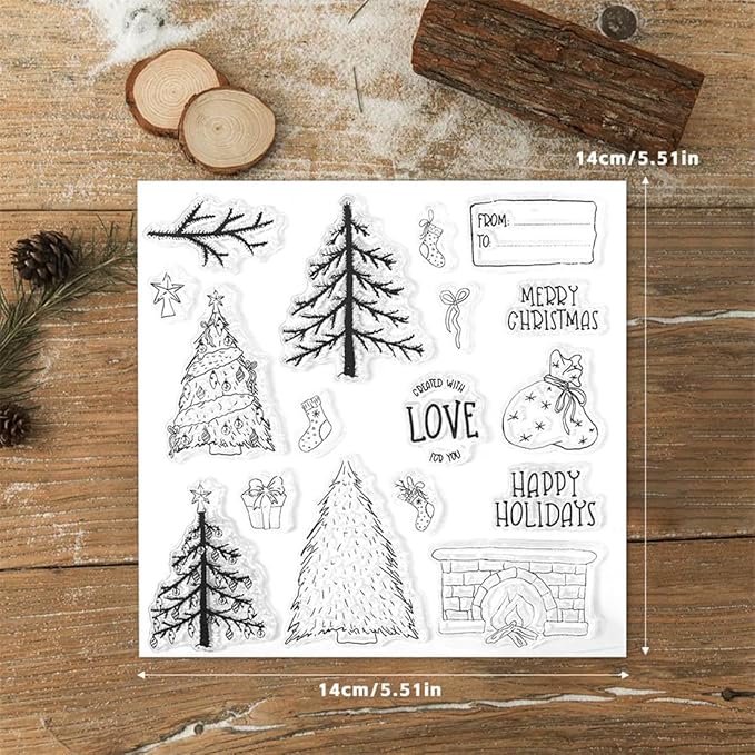 Christmas Tree Fireplace Stamps and Cutting Dies for Card Making DIY Transparent Silicone Clear Stamp and Metal Die Cuts Sets for Scrapbooking Paper Greeting Cards Decor Seals Craft Supplies