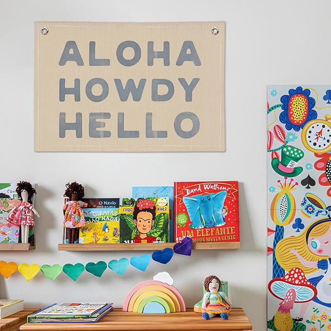 Blue Coastal Decor, Aloha Howdy Hello Banner, Vintage Coastal Cowgirl Decor Aesthetic, Coastal Granddaughter Room Decor, Linen Banner Wall Hanging Banner Flag