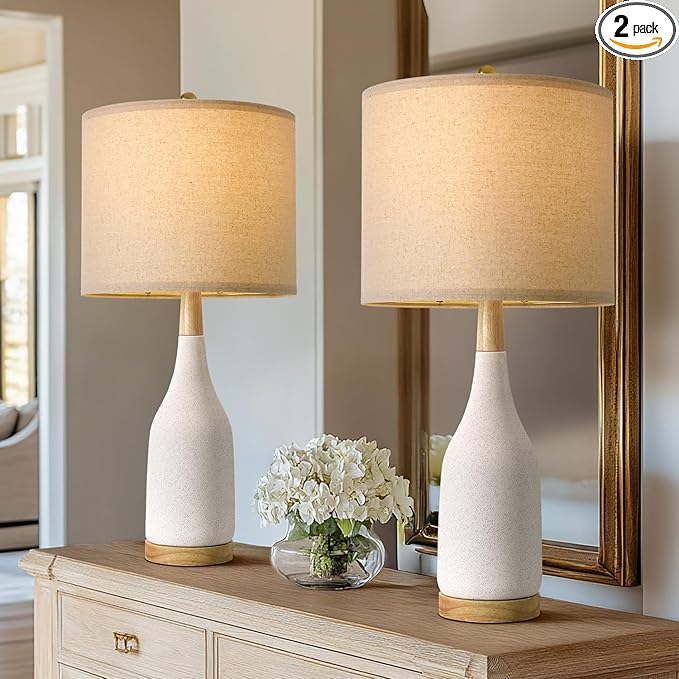 PORTRES 27" Ceramic Table Lamps for Bedroom Living Room Vintage Lamp Set of 2 Bedside Nightstand Lamp Large Farmhouse Rustic Boho Retro Modern Table Lamp Light Home Office Desk Deco Gifts, White