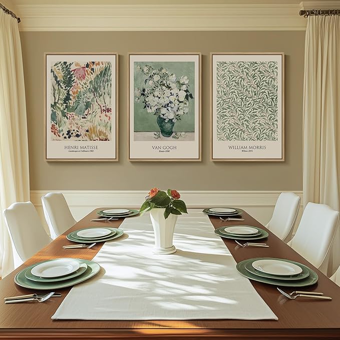 Framed Large Matisse Wall Art for Living Room, Set of 3 Vintage Sage Green Botanical Canvas Prints, Floral Plant Artwork for Bedroom, Hallway, or Home Office Decor, 24x36 Inch