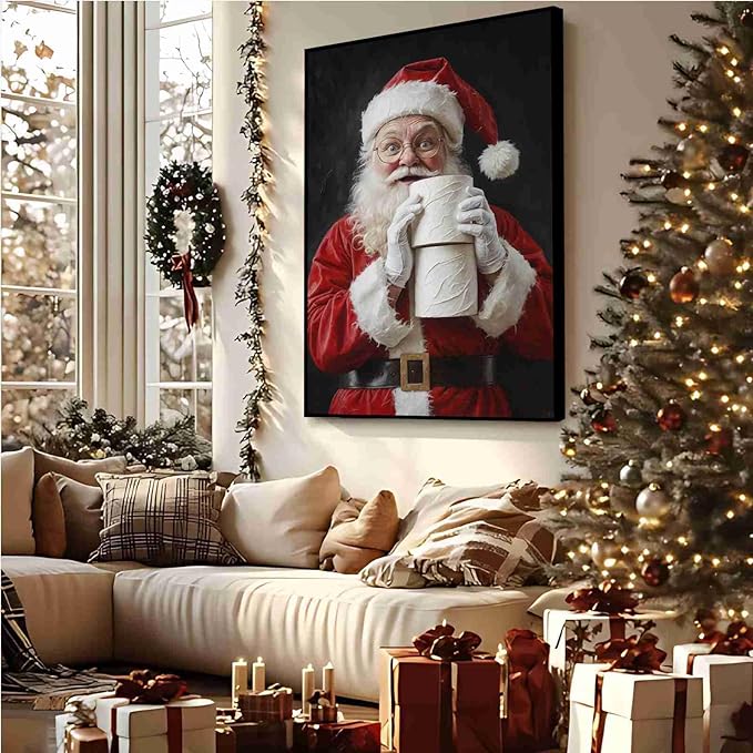 Santa Claus Canvas Print Santa with Toilet Paper Humorous Holiday Poster Holiday Evergreen Art Rural Art print Christmas Bathroom Canvas Painting Indoor Decor for Home Bathroom Framed Ready to Hang
