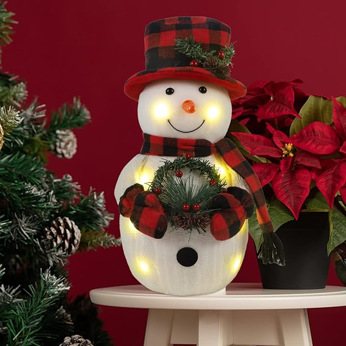 Christmas Lighted Snowman, 12" With Wreath Table Decorations, Red Black Plaid Xmas Decor for Home Kitchen Holiday Party