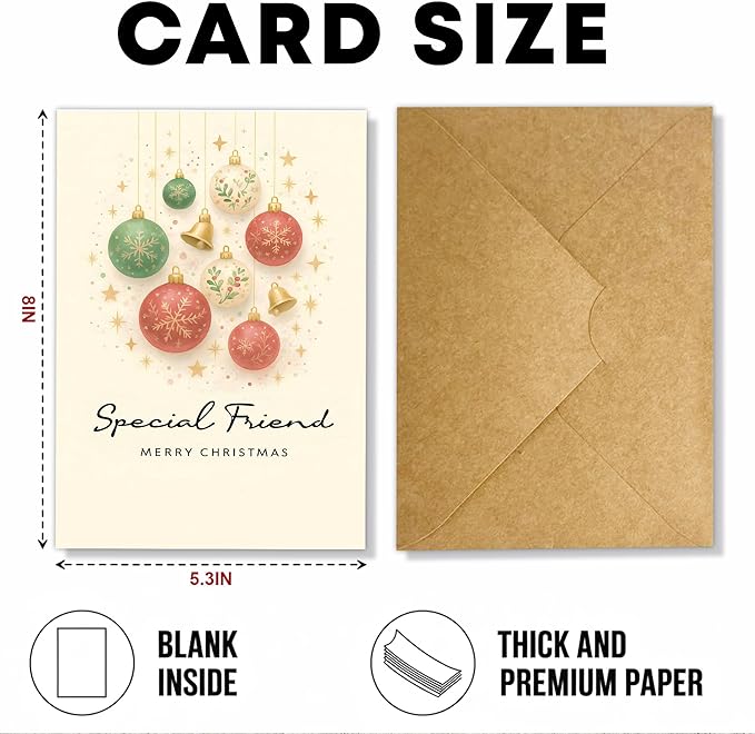 (5.3x8in) Special Friend Merry Christmas Card, Elegant Holiday Greeting with Red and Green Baubles, Gold Bells Stars, Festive Friendship Card for Best Friend, Female or Coworker (Xmas 47)