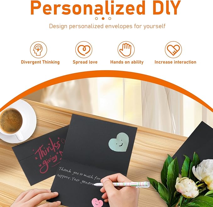 100 packs Black Note Cards and Envelopes 4 x 6 Blank 300GSM Heavy Folded Cardstock and Printable A4 Envelopes Self Seal for DIY Wedding Invitations, Greeting Cards, Baby Shower, Mailing